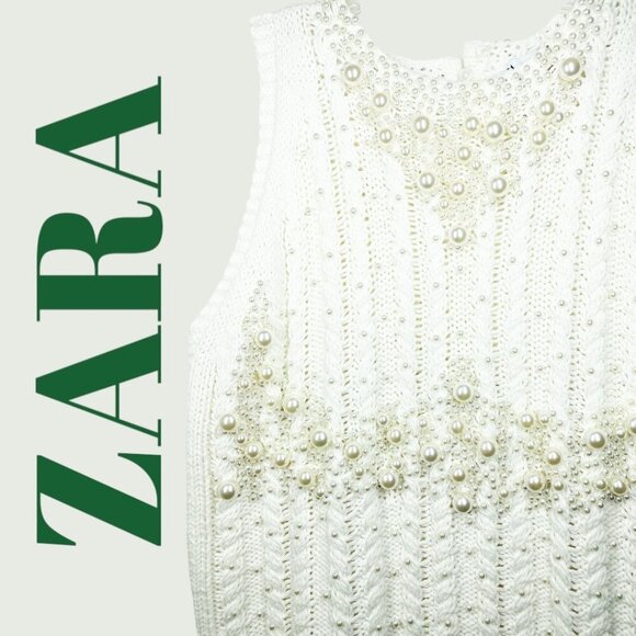 NWT ZARA WHITE ECRU CABLE KNIT FAUX PEARL SLEEVELESS SWEATER, LARGE - Picture 7 of 16